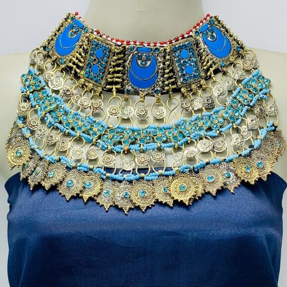 Turquoise Choker Necklace, Tribal Kuchi Afghan Choker With Turquoise Glass Stone - Picture 1 of 12
